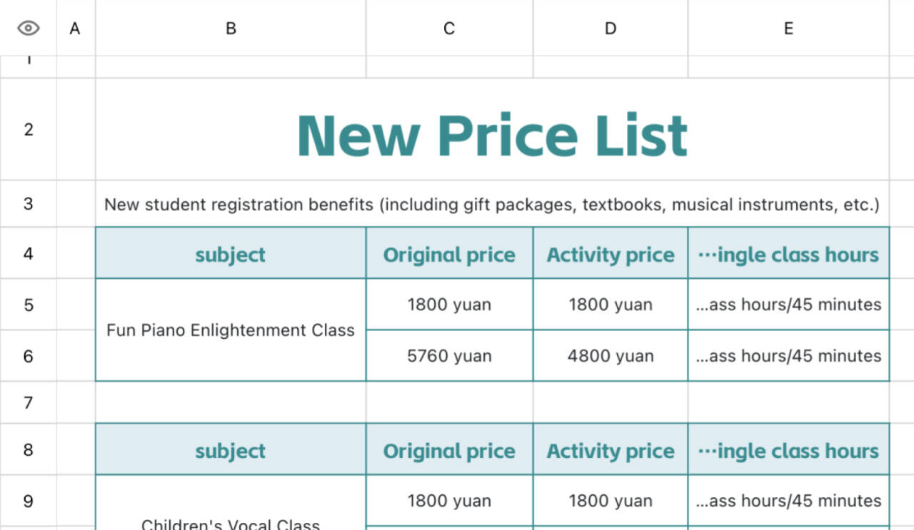 Price list for new students 1